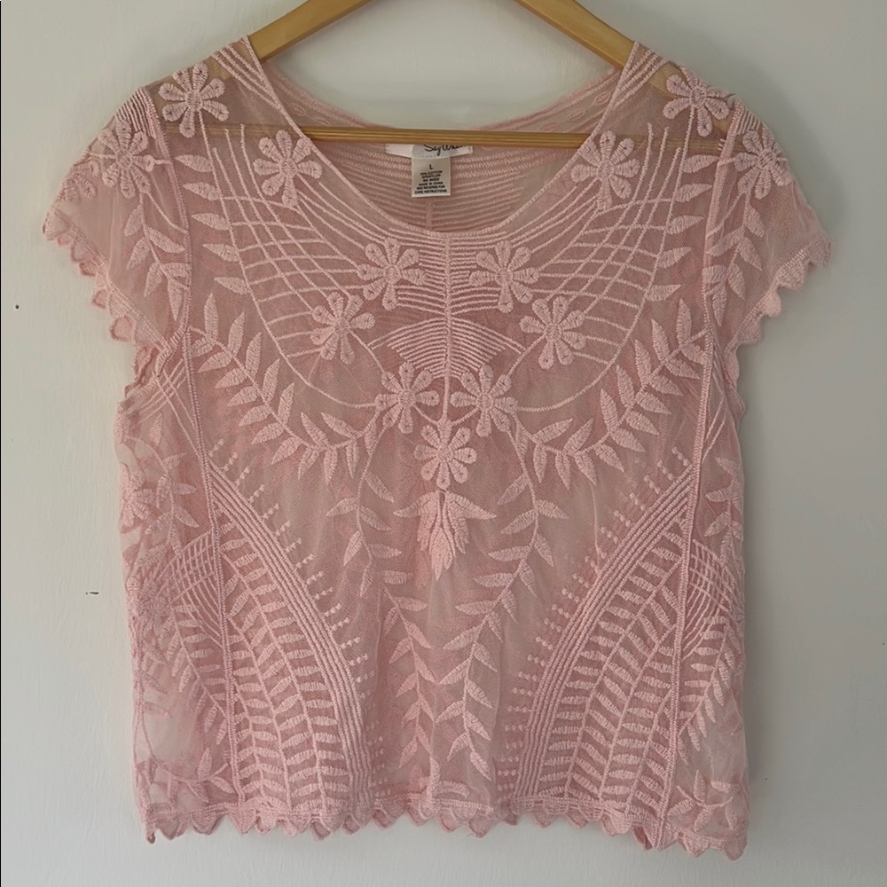 Womens sz large pink lace sheer crochet embroidered top boho, fairy core
